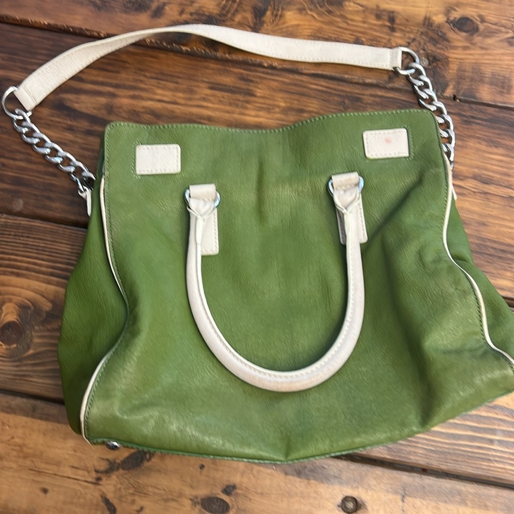 MICHAEL KORS HAMILTON Lime Green Pebble Leather White Silver Satchel Bag. Used - Picture 4 of 7
